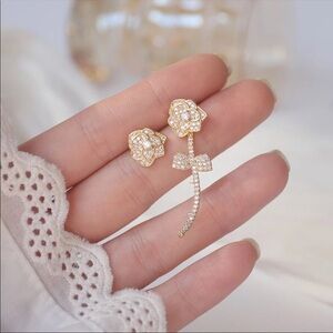 Rose Flower Stem Women Earrings  14K Gold Plated